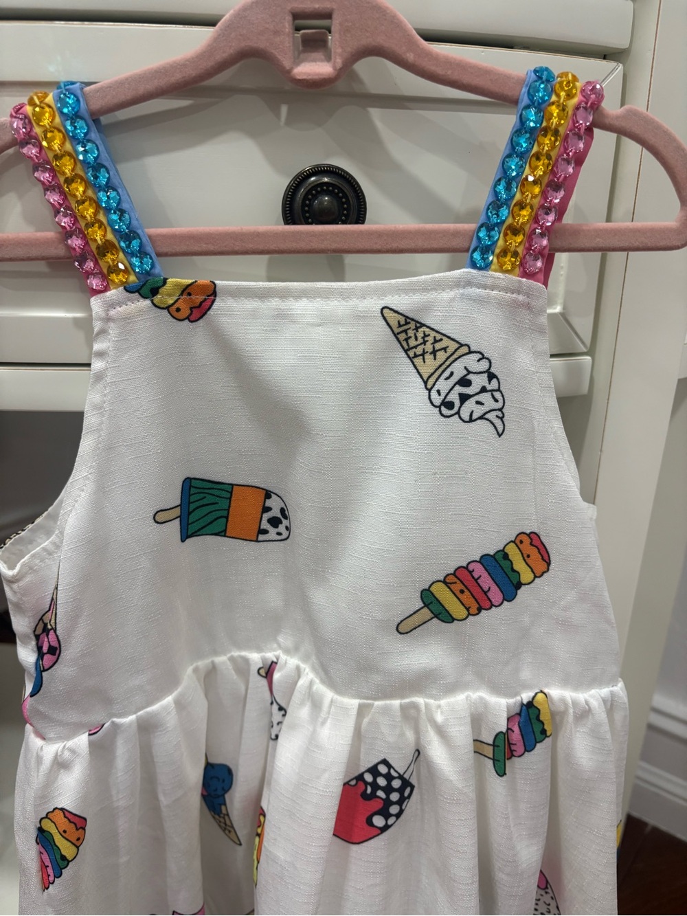 Lola + The Boys White Ice Cream Print Dress with Multicolor Gem Straps